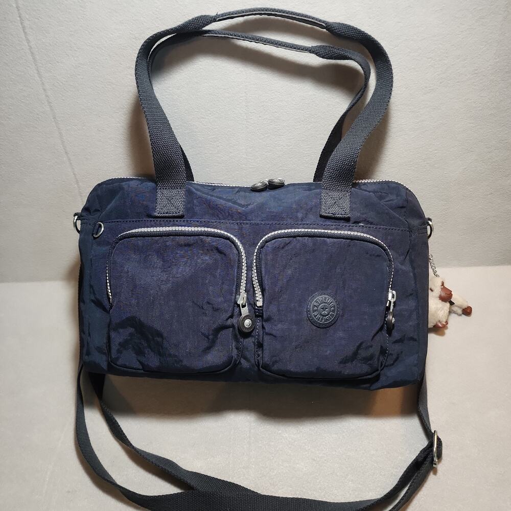 KIPLING Cool Defea Shoulder Tote Bag Navy Blue Monkey Keychain Weekender Duffle